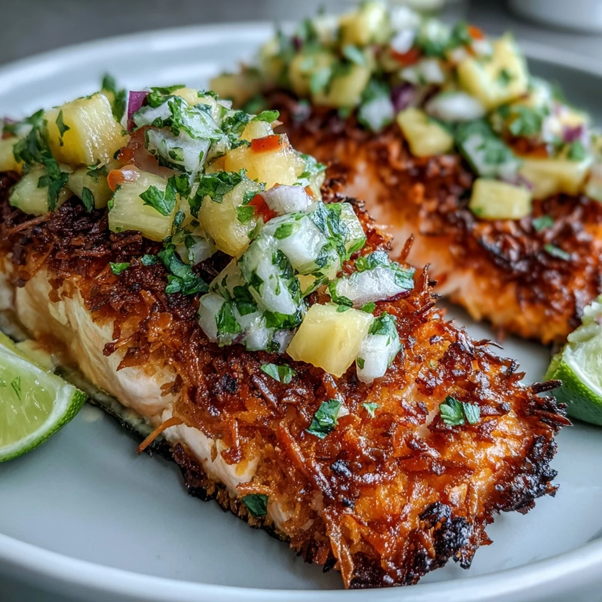 Pan-seared Coconut Crusted Salmon with a crunchy texture, served alongside a vibrant pineapple salsa and fresh cilantro garnish.