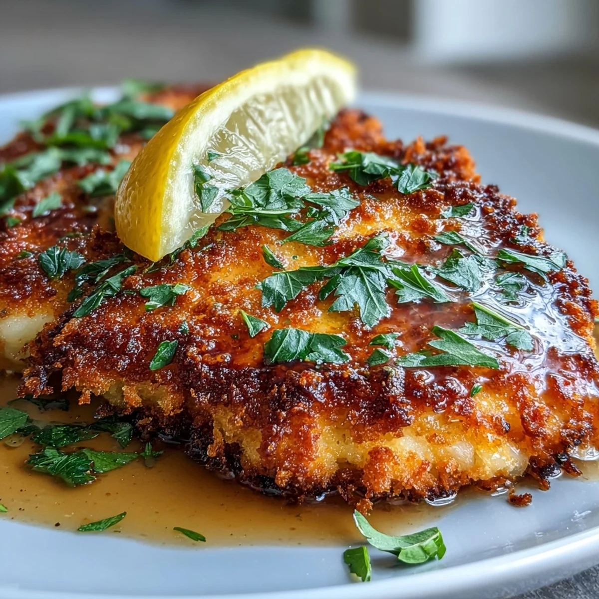 Golden, crispy parmesan-crusted chicken cutlets garnished with fresh parsley and lemon slices, ready for the lemon butter sauce.