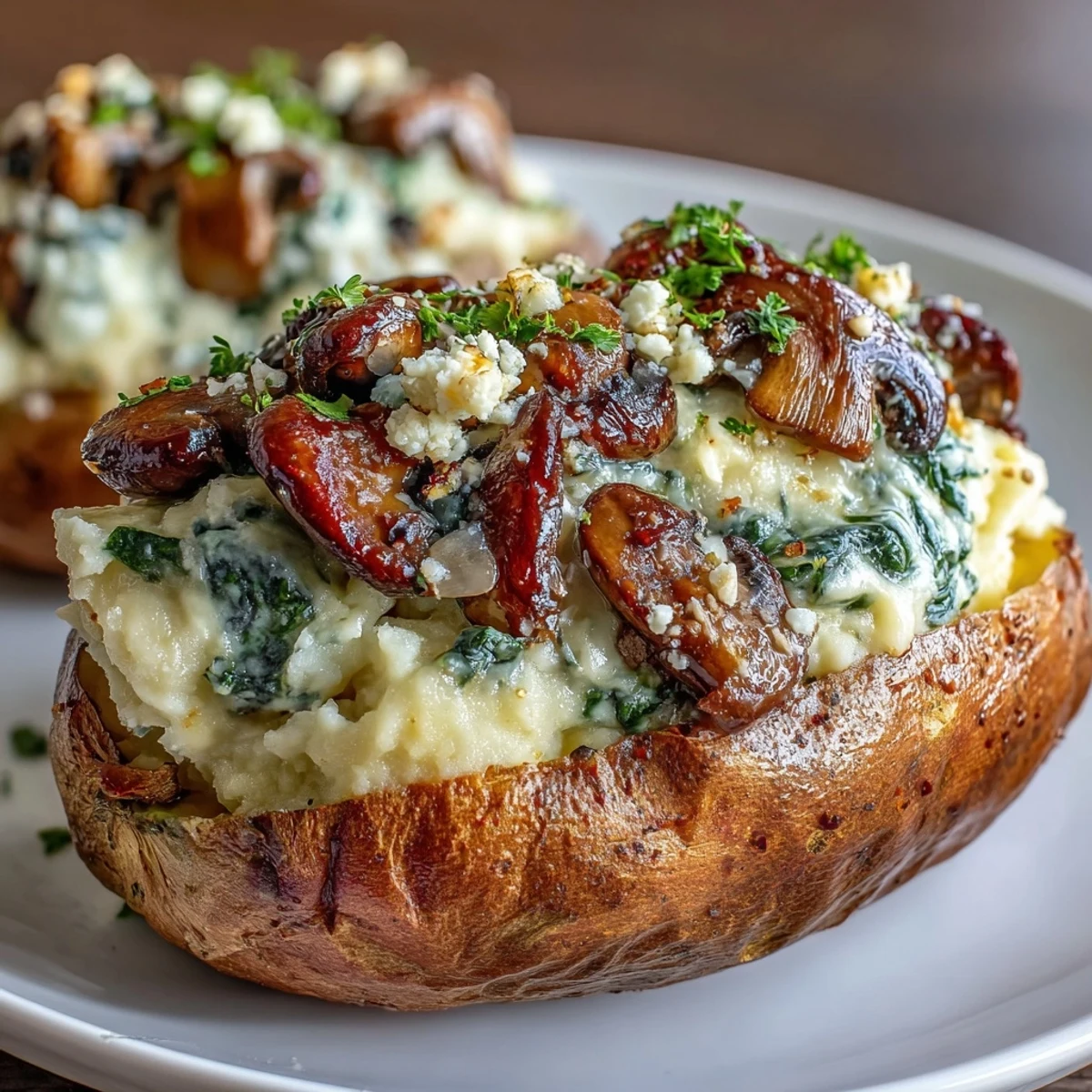 Savory Creamy Mushroom and Spinach Stuffed Sweet Potatoes split open to reveal a rich, creamy filling.