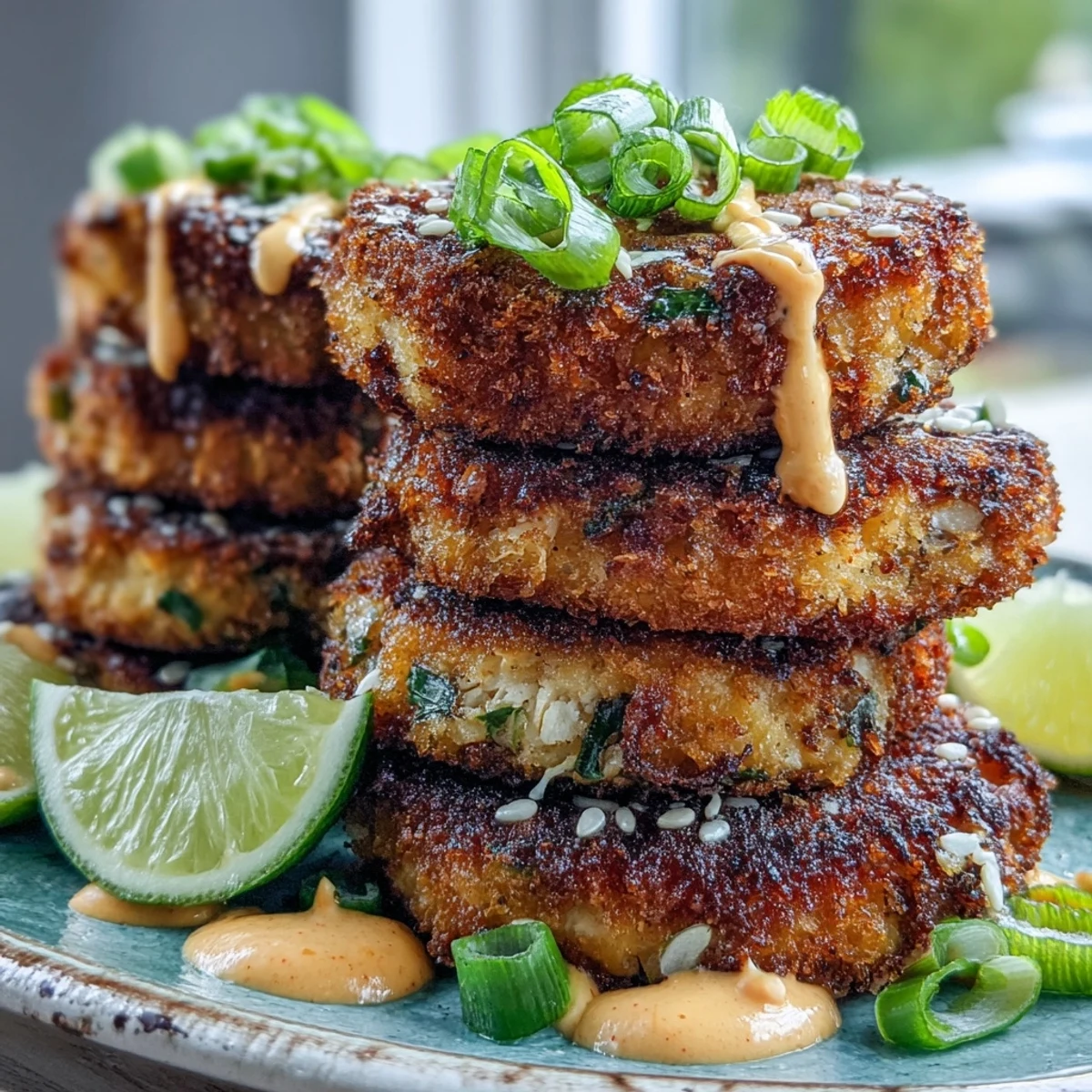Golden-brown Asian-Style Tuna Cakes with a crispy exterior, served with a drizzle of creamy spicy mayo and sesame seeds.