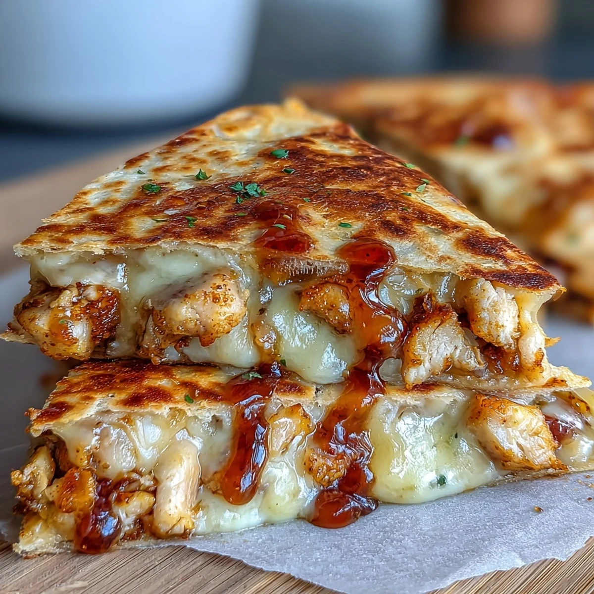 Fresh cilantro garnish and lime wedges accompany these crispy Cheesy Hot Honey Chicken Quesadillas, perfect for a spicy and sweet weeknight dinner.