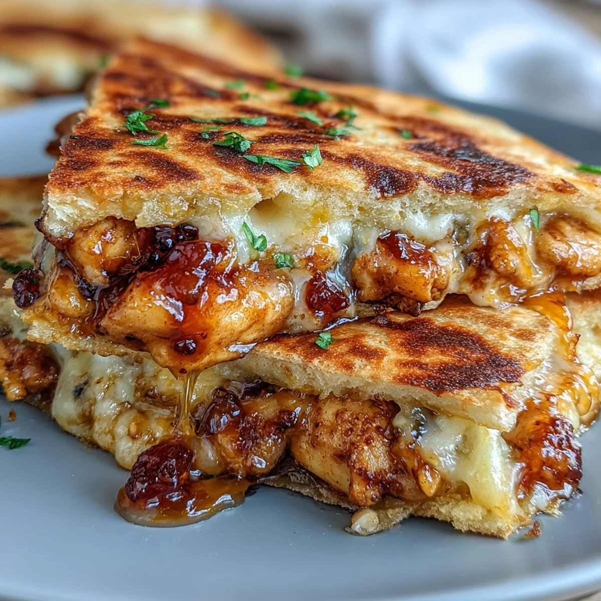 Close-up on a loaded Cheesy Hot Honey Chicken Quesadilla showcasing tender, saucy chicken and gooey cheese pull, ready to be dipped in cool jalapeño cream.