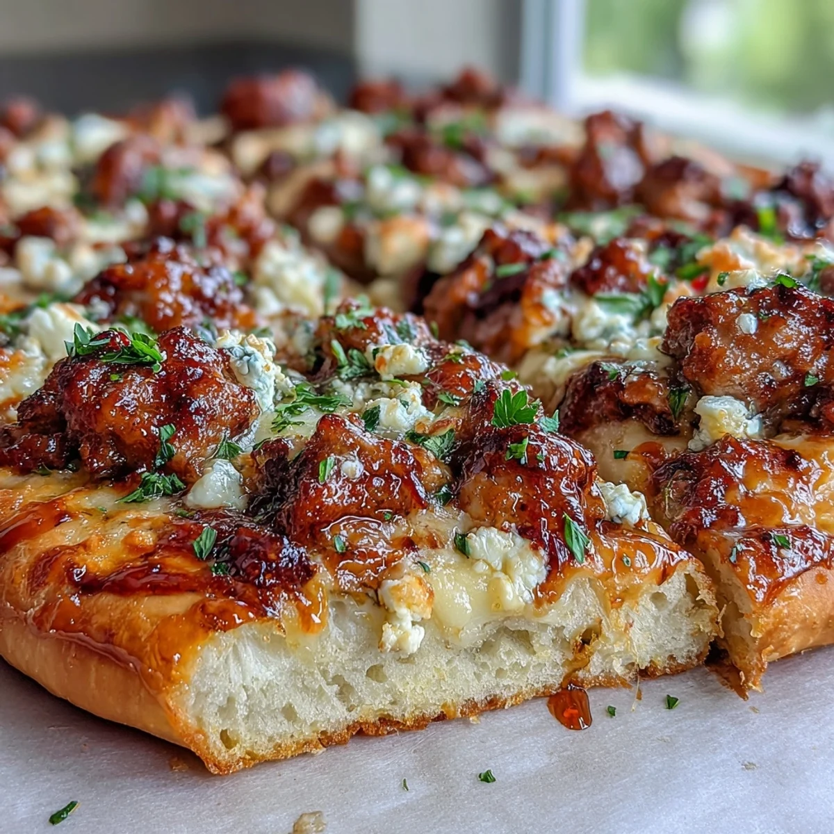 Golden, crisp-crust pizza topped with hot sausage, creamy feta, and glistening hot honey drizzle.