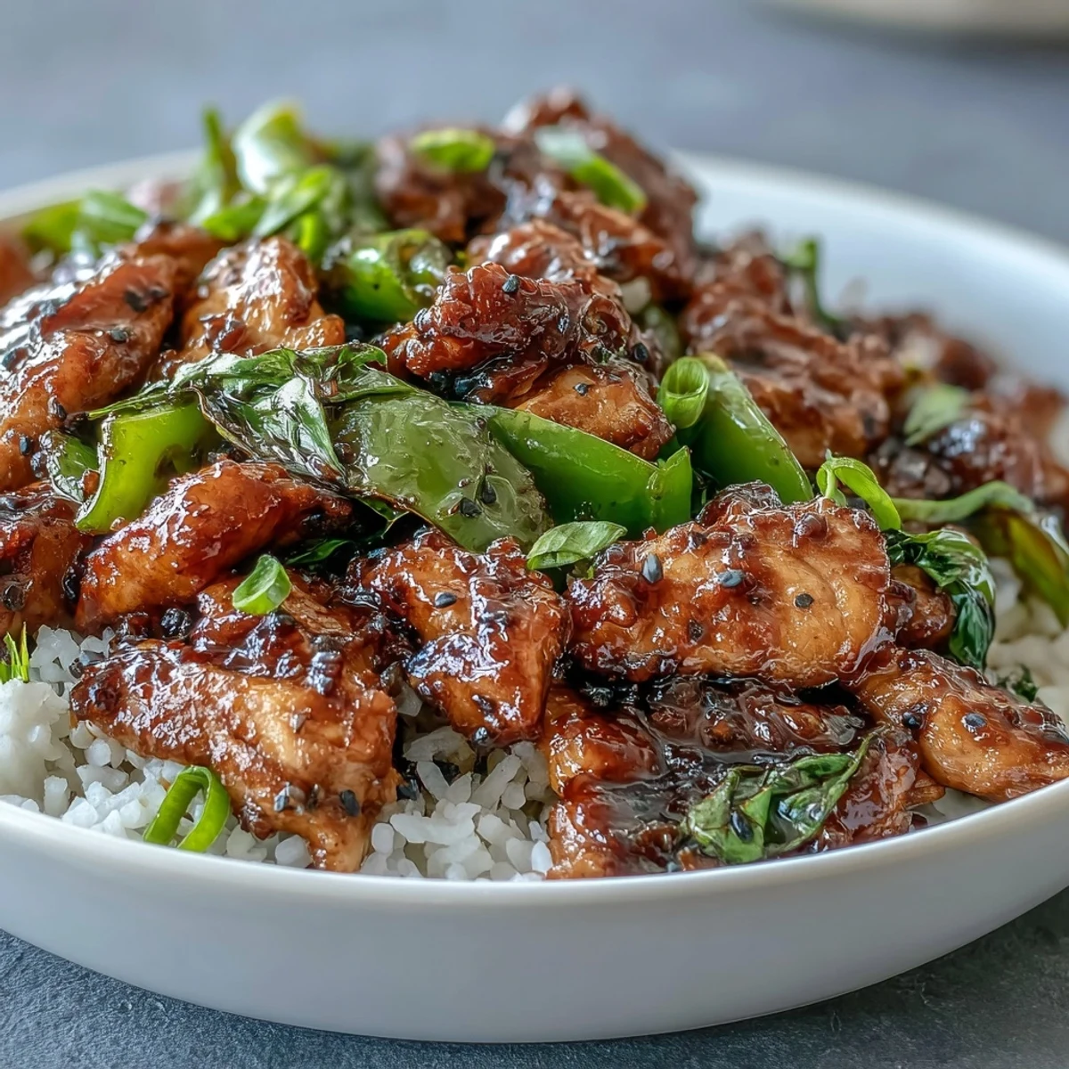 Tender black pepper chicken pieces glistening with a bold, peppery sauce and sautéed bell peppers.