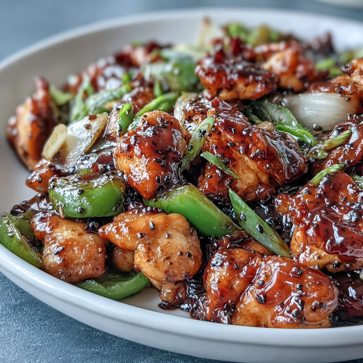 Sizzling Black Pepper Chicken in a wok with colorful onions and peppers, creating an aromatic stir-fry.