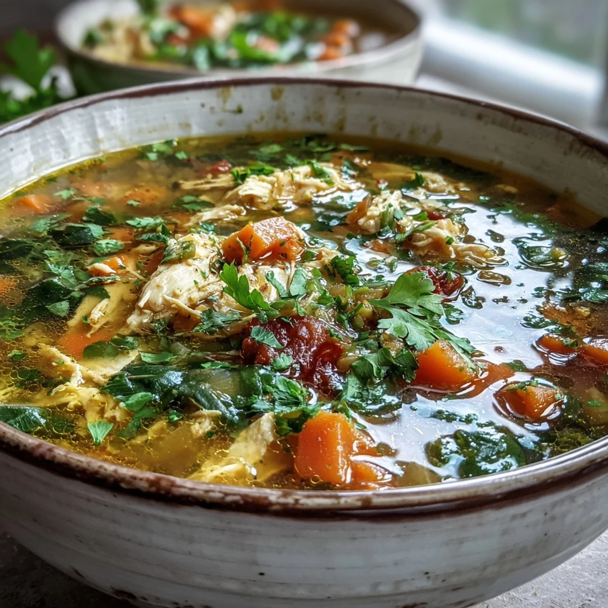 Steaming Anti-Inflammatory Turmeric Chicken Soup with shredded chicken and spinach in a rustic bowl.
