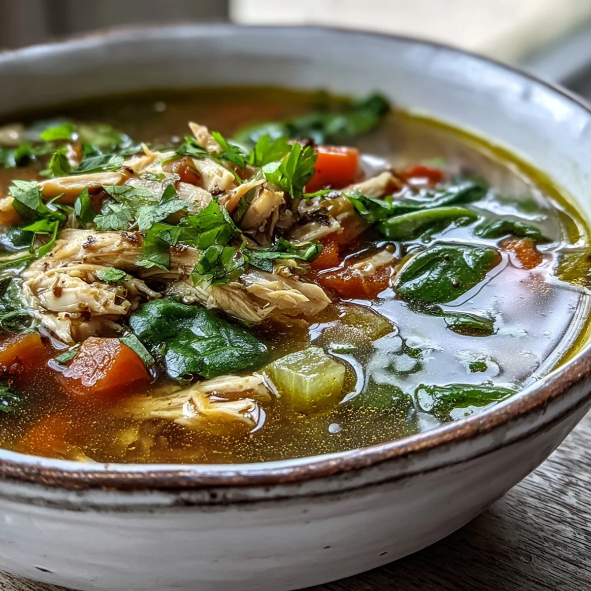 Hearty Anti-Inflammatory Turmeric Chicken Soup served with fluffy rice and carrots in a warm kitchen.