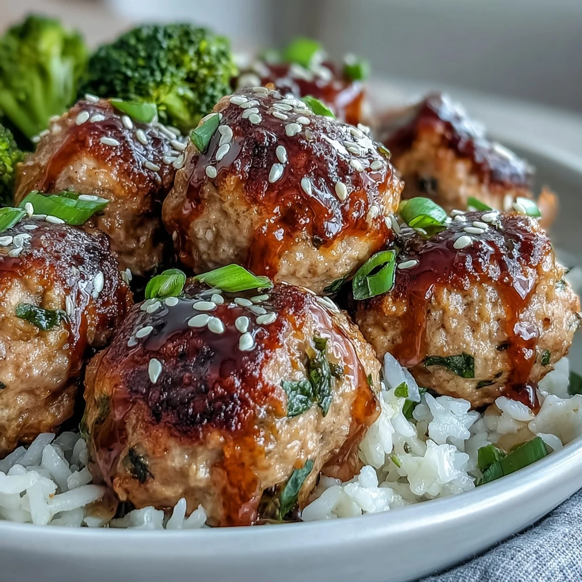 Glazed Honey Garlic Turkey Meatballs rest on steamed broccoli and fluffy jasmine rice, garnished with sesame seeds.