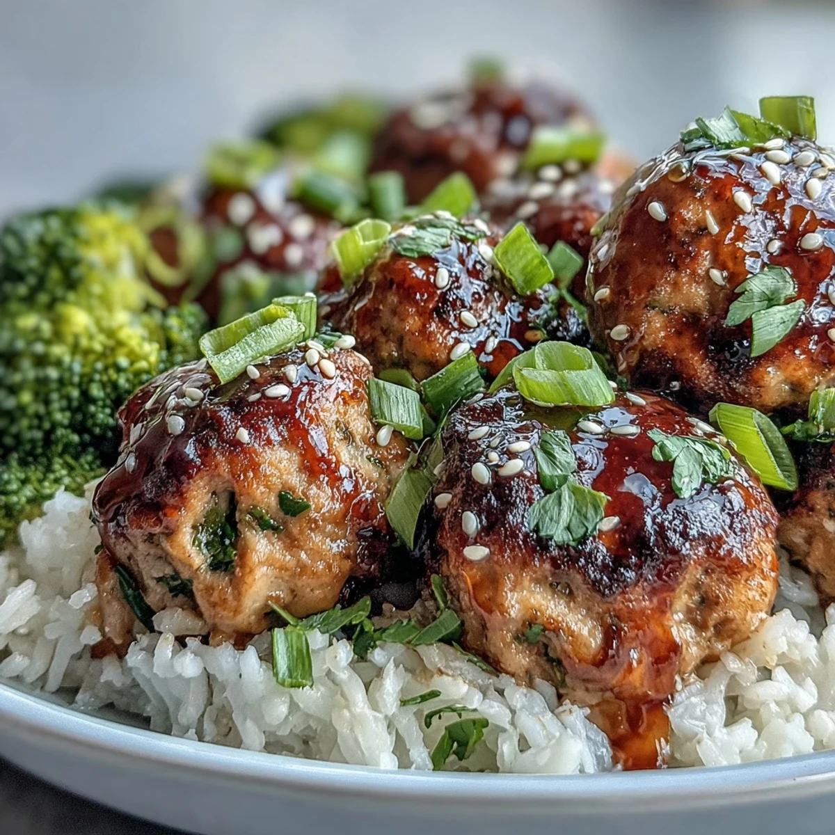 Golden-baked turkey meatballs coated in sticky honey-garlic sauce sit over fluffy rice and bright green steamed broccoli.