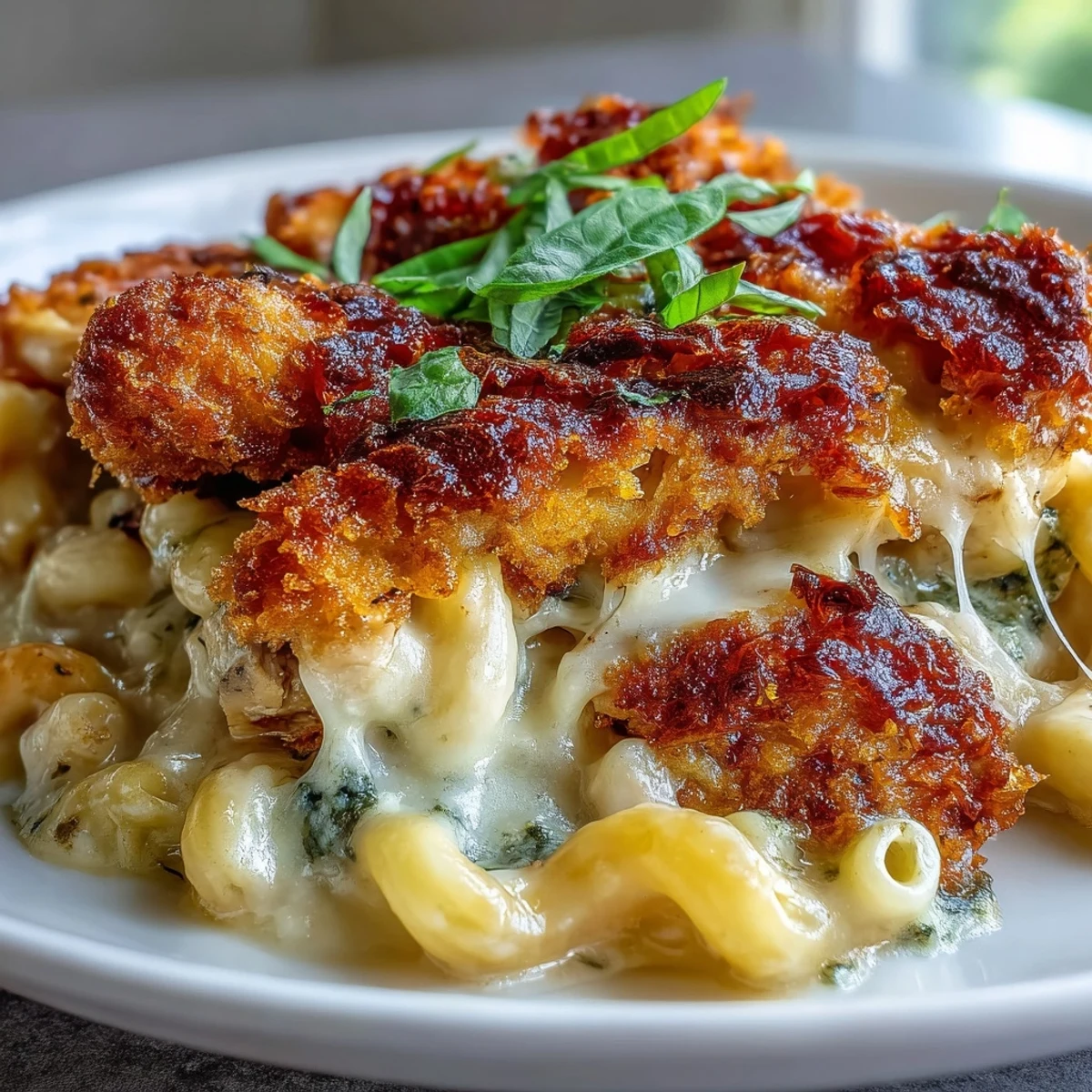 Serving of Baked Pesto Chicken Mac & Cheese featuring tender pesto chicken and bubbly cheddar cheese sauce, garnished with fresh basil.