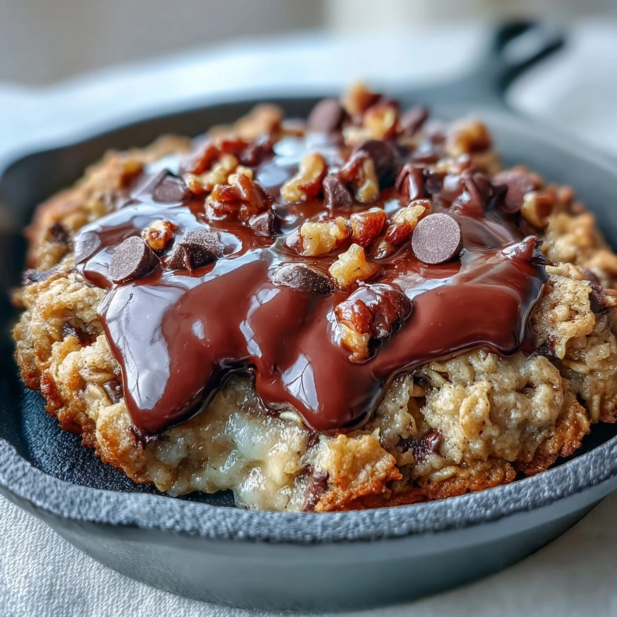 A close-up of a rich Chunky Monkey Oatmeal Cookie Skillet featuring gooey chocolate, ripe banana pieces, and toasted walnuts on a rustic table.