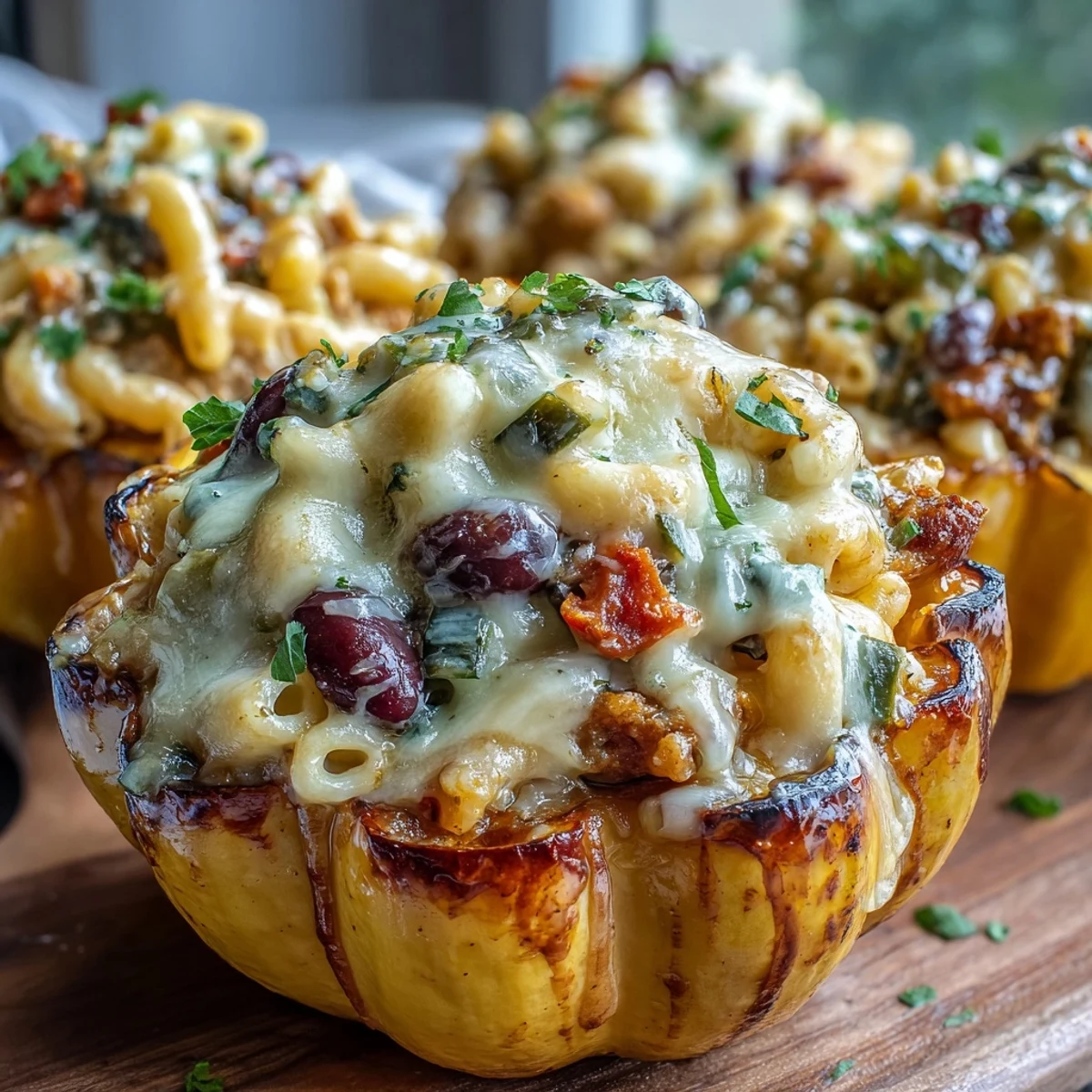 Steaming Hot Honey Chili Mac with melted cheddar is spooned into golden roasted squash for a cozy, vegetarian main dish.