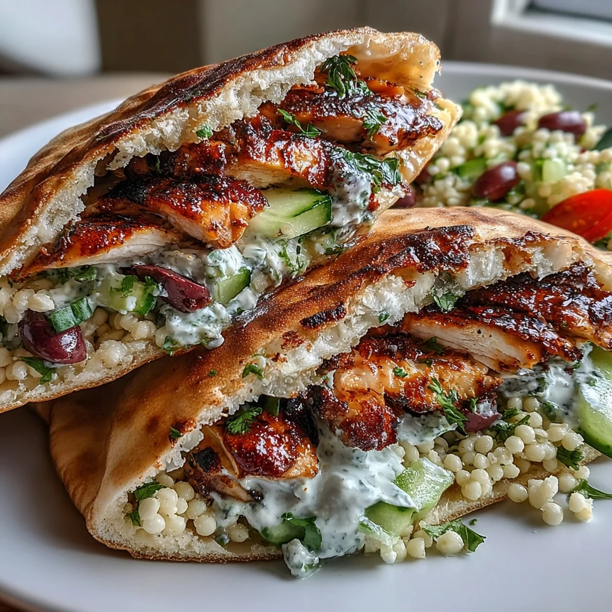 Freshly grilled lemon-oregano chicken, creamy tzatziki, and pearl couscous salad stuffed inside a warm, fluffy pita pocket.