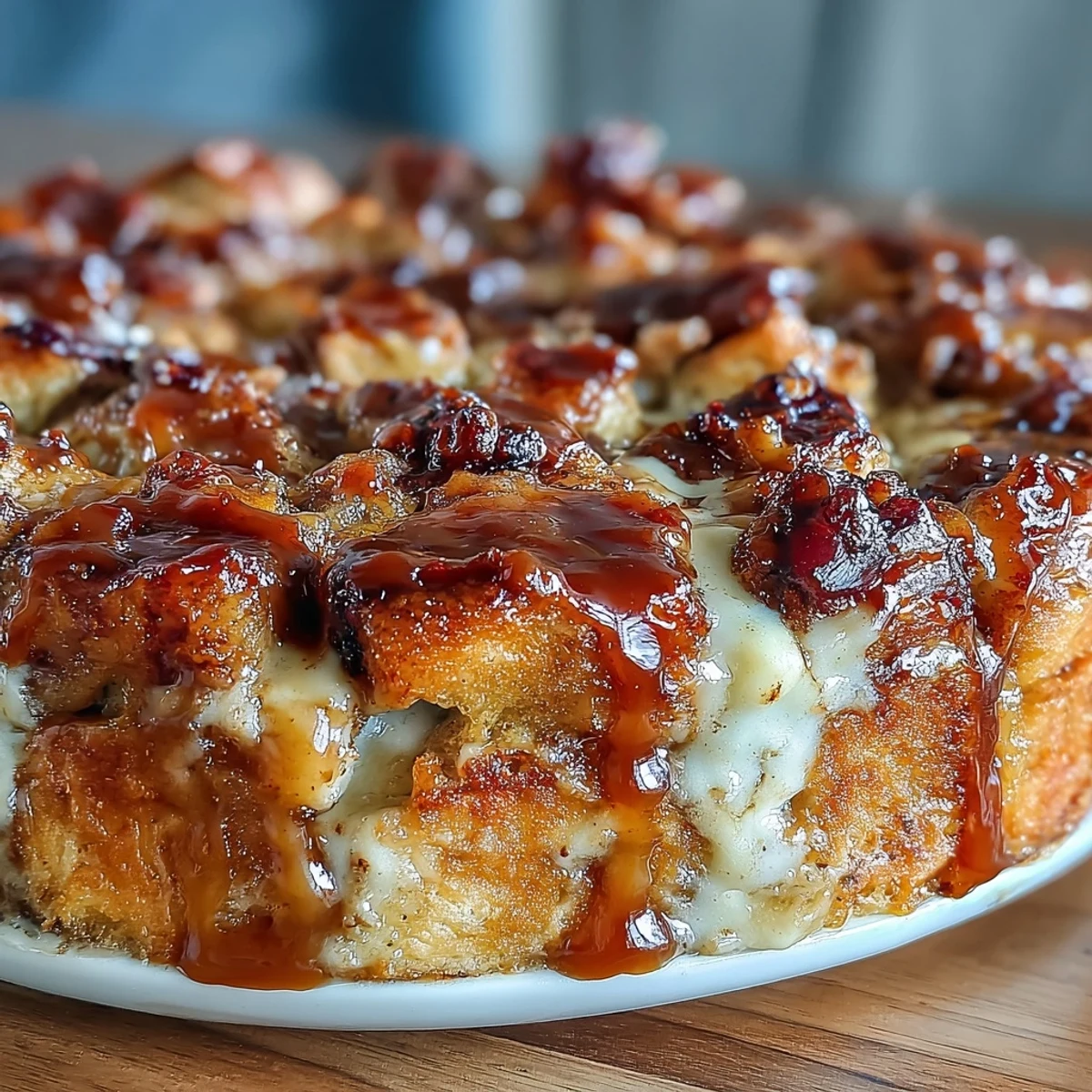 Freshly baked Caramel Apple Cheesecake Bread Pudding with a golden brown top and rich caramel drizzle, served warm.