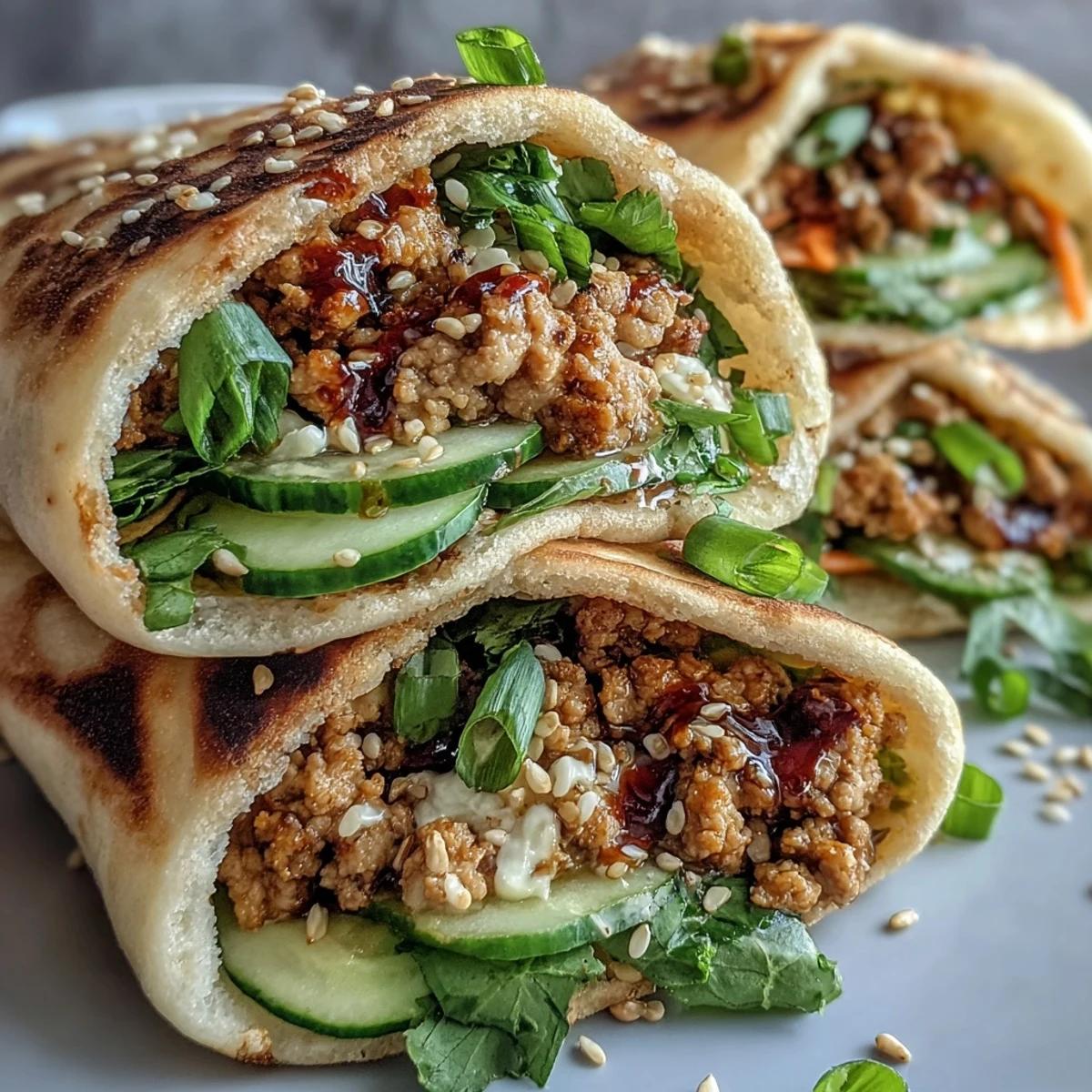 Golden toasted naan bread stuffed with seasoned ground turkey, shredded carrots, and fresh cilantro, ready to be eaten as a handheld meal.