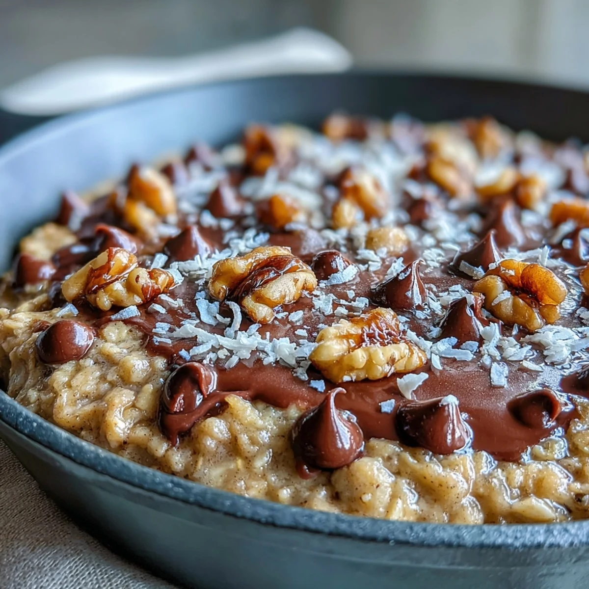 Golden-baked Chunky Monkey Oatmeal Cookie Skillet fresh from the oven, with melted chocolate chips and chopped walnuts on top.