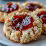 Golden-baked Guava Jam Thumbprint Cookies with a sticky, vibrant pink center are arranged on a cooling rack.