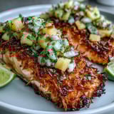 Pan-seared Coconut Crusted Salmon with a crunchy texture, served alongside a vibrant pineapple salsa and fresh cilantro garnish.