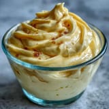Homemade mayonnaise in a glass jar with a smooth, creamy texture and golden hue.