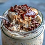 Creamy, thick Protein Cookie Dough Overnight Oats ready to eat after chilling.