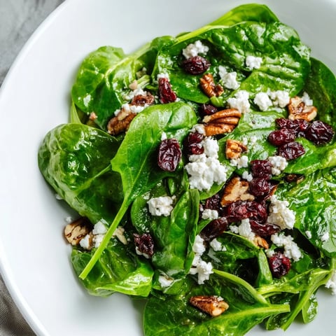 Fresh baby spinach, creamy crumbled goat cheese, sweet cranberries, and candied pecans tossed in a tangy balsamic vinaigrette for a vibrant salad.