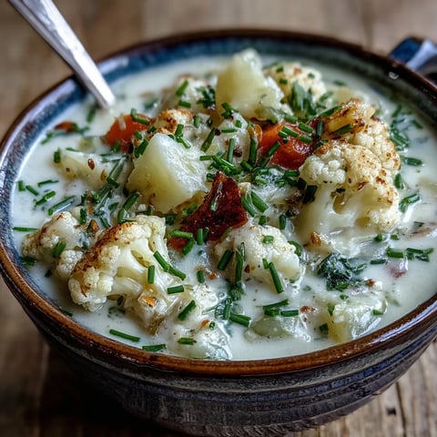 Creamy Vegetarian Cauliflower Chowder served hot in a rustic bowl, garnished with fresh chives and shredded cheese alongside crusty bread.