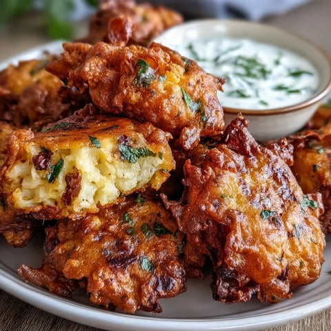 Golden, crispy Cauliflower Bhajis stacked on a plate next to a small bowl of creamy green yogurt dip for dipping.
