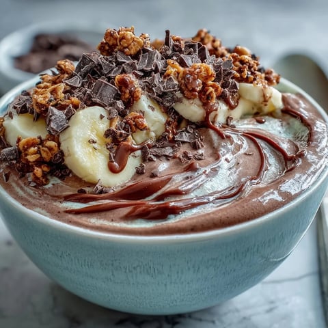 Chocolate Peanut Butter Smoothie Bowl with sliced banana, chopped dark chocolate, and granola toppings on a creamy base.