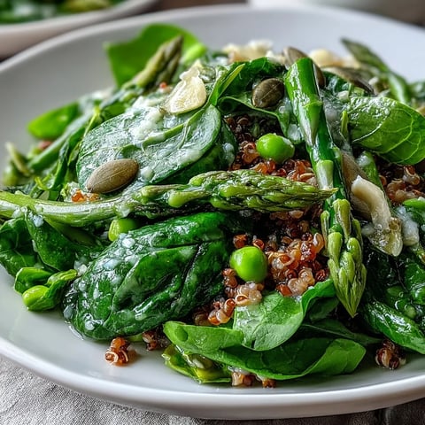 Spring Green Bowl with quinoa, peas, asparagus, and green beans, drizzled with lemon dressing and topped with feta.