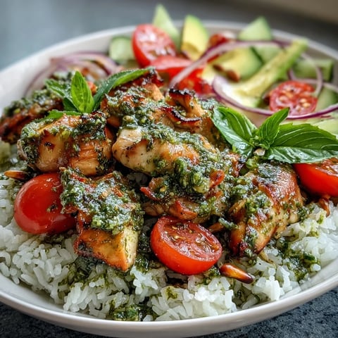 Golden-brown pesto chicken pieces served over fluffy white rice, topped with fresh spinach, avocado, and cherry tomatoes in a bowl.