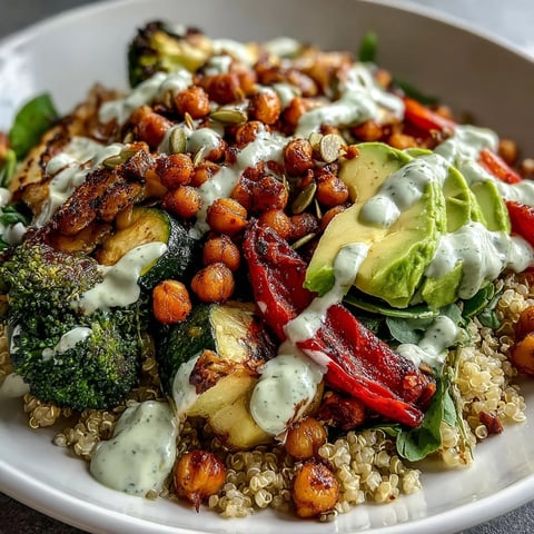 A vibrant Vegetable and Legume Bowl with roasted zucchini, bell peppers, and chickpeas over fluffy quinoa, drizzled with creamy tahini dressing and avocado slices.