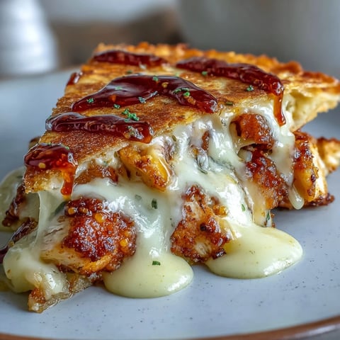 Golden-brown Cheesy Hot Honey Chicken Quesadillas cut into wedges, revealing melted cheddar and Monterey Jack cheese, served beside a bowl of creamy jalapeño sauce.