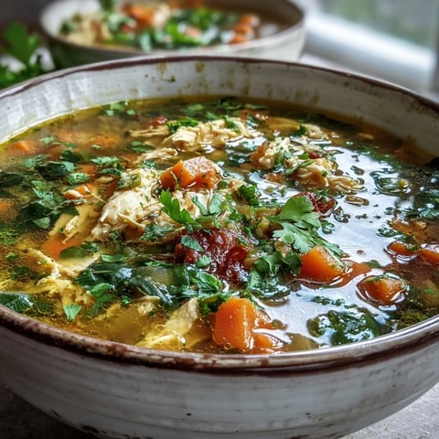 Steaming Anti-Inflammatory Turmeric Chicken Soup with shredded chicken and spinach in a rustic bowl.