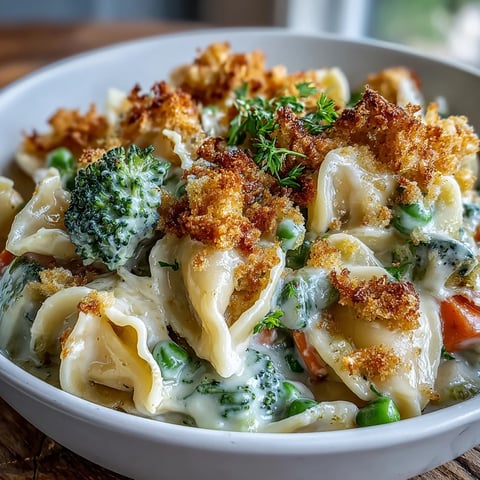 Golden-brown biscuit crumb topping on a skillet of creamy veggie pot pie pasta, bubbling hot.