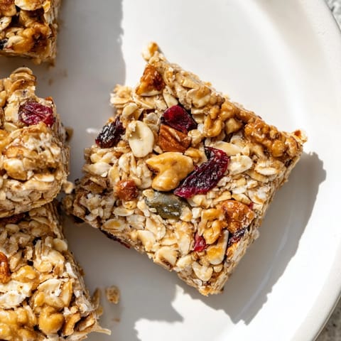 Golden-brown no-bake energy bars boast a chewy texture, filled with oats, nuts, and dried fruit.