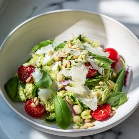 Freshly made Pesto Chickpea and Spinach Salad, a bright Mediterranean dish, ready to eat for lunch.
