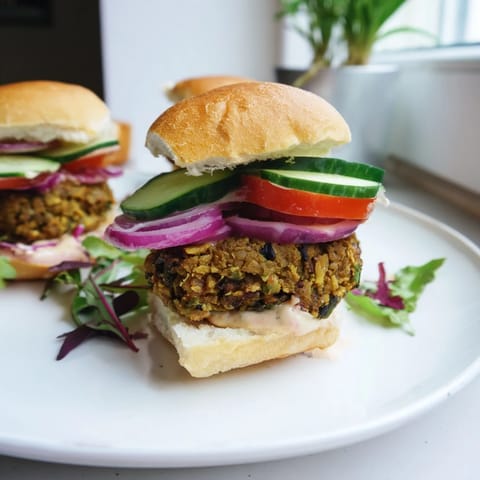 Close-up of baked falafel sliders showcasing the textures of the chickpea patties, vegetables, and creamy tahini sauce.
