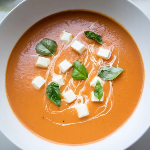 Vibrant red Creamy Tomato Mozzarella Soup, with melted mozzarella, offering comfort food goals.