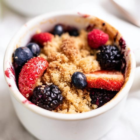 A close-up of a Mixed Berry Cobbler Mug Cake, showcasing plump berries under a fluffy topping.