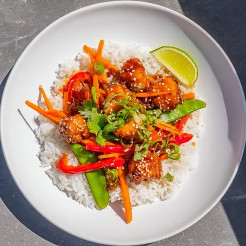 Savory Sesame Ginger Rice Bowl featuring perfectly cooked chicken and a zesty, flavorful sauce over rice.