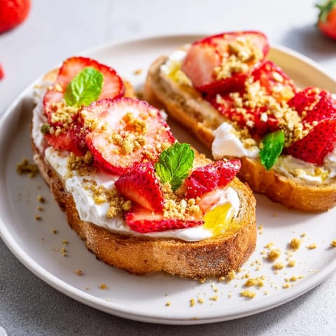Fresh strawberries glistening on cream cheese toast; a quick and easy strawberry cheesecake recipe.