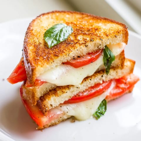 Savory tomato basil grilled cheese with melted cheese and vibrant tomato slices on toasted bread.