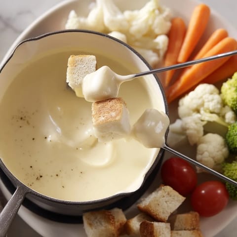 Warm and creamy Swiss cheese fondue, perfect for dipping crusty bread, a rich meal.