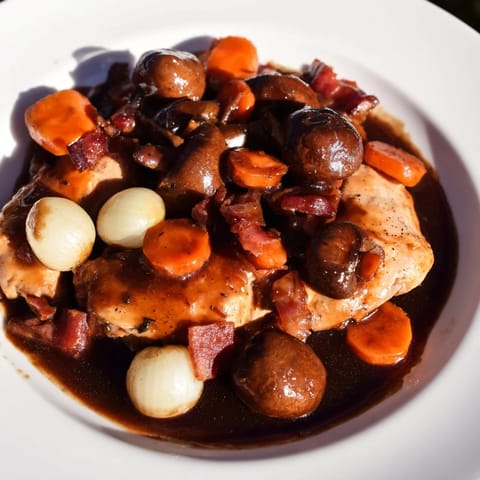 This photo features a pot of fragrant Coq au Vin, braised chicken in red wine sauce.