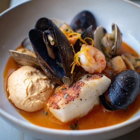 A steaming bowl of bouillabaisse, piled high with fresh seafood and a side of garlicky rouille.