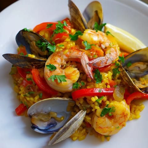 A close-up view of the golden-hued Spanish Seafood Paella, perfect for sharing at a family dinner.