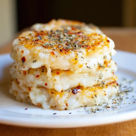 Savory Crispy Rice Cake Cheese Stacks with melty mozzarella and parmesan, served warm from the oven.