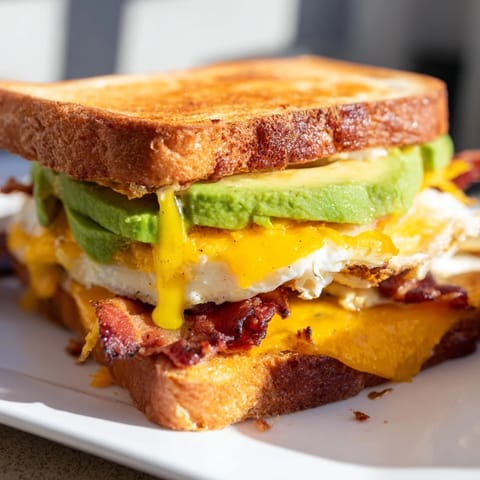 A close-up view showcases the hearty layers of a Loaded Breakfast Sandwich with bacon, avocado, and tomato on buttery toasted bread.  