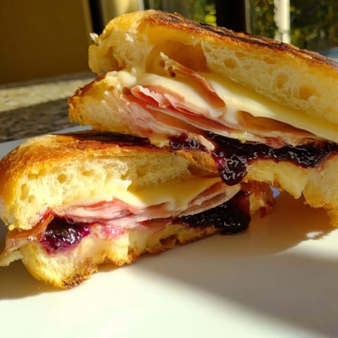 Golden, crispy bread from a panini press cradles salty prosciutto and sweet fig jam, with melted fontina oozing onto the plate.