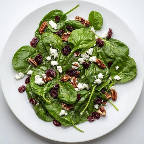 A plated Spinach Goat Cheese Salad garnished with extra candied pecans, ready to serve as an elegant vegetarian lunch or dinner side.